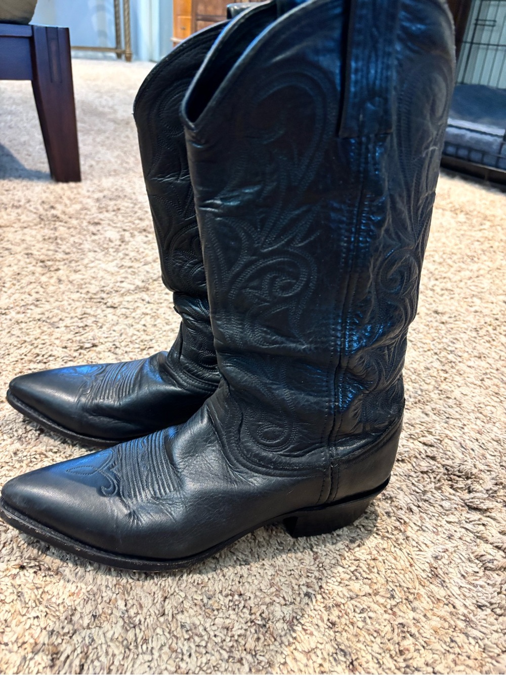 Dan Post Black Leather Western Cowboy Boots with Embroidered Shaft